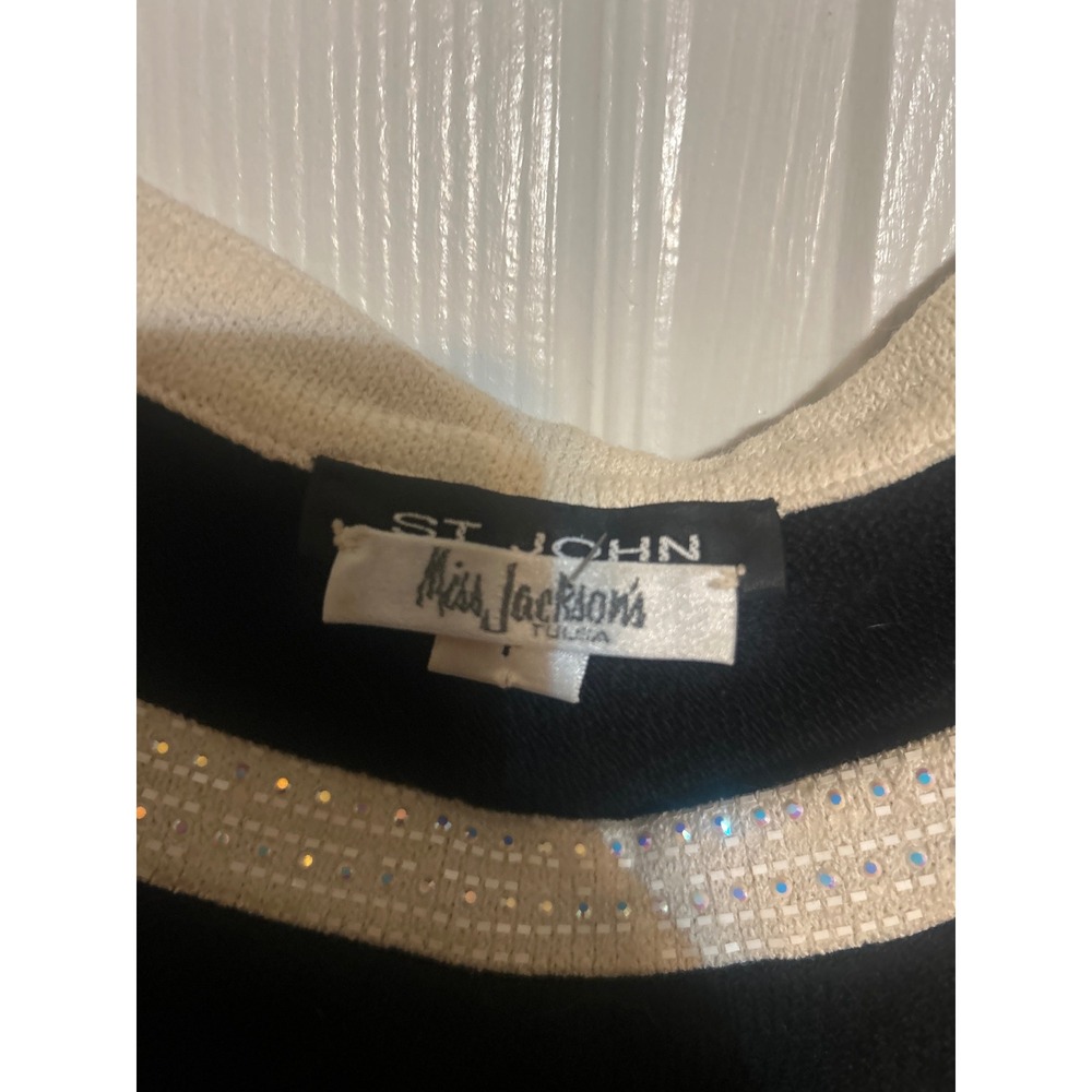 St John Knit Tank Top Black Cream Rhinestone Embellished Scoop Neck Womens P - Picture 2 of 5